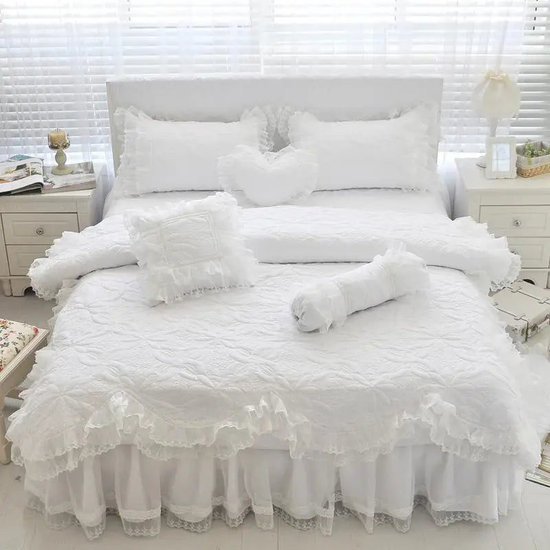 Quilted Cotton Thick Duvet Cover Lace Light Purple Blue Pink Princess Bedding Set