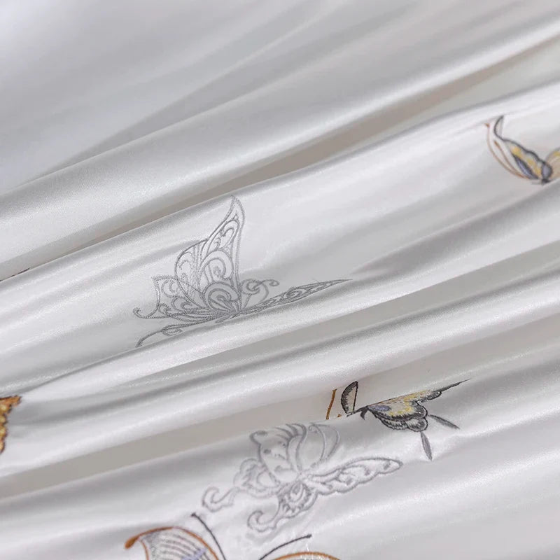 White Silver Silk Cotton Luxury Butterfly Bedding Set