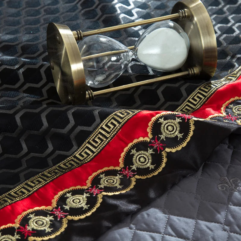Blue Black Silk Satin Luxury Royal Bedding Set