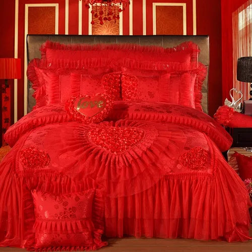 Red Pink Luxury Lace Wedding Bedding Set