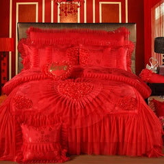 Red Pink Luxury Lace Wedding Bedding Set