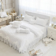 100%Cotton Thick Quilted Lace White Bedding Set