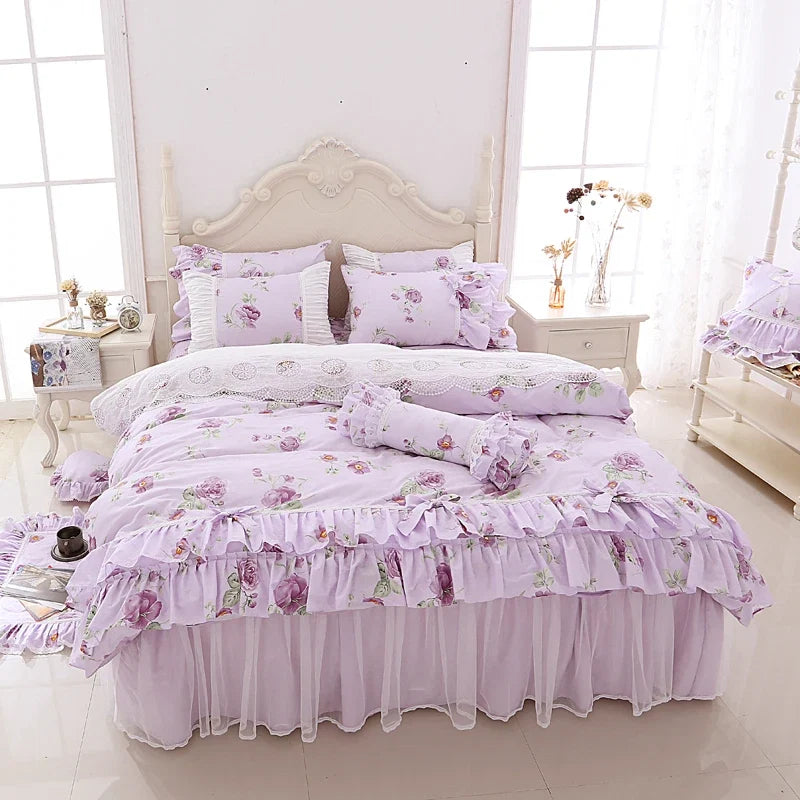 Pink Purple Floral Princess Korean Bedding Set