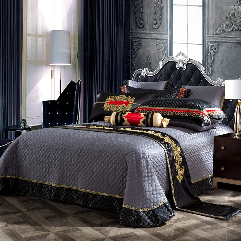 Blue Black Silk Satin Luxury Royal Bedding Set
