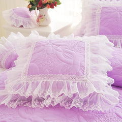 Quilted Cotton Thick Duvet Cover Lace Light Purple Blue Pink Princess Bedding Set
