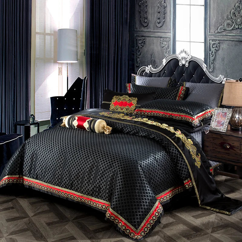 Blue Black Silk Satin Luxury Royal Bedding Set