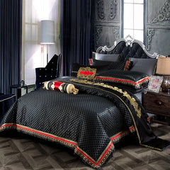 Blue Black Silk Satin Luxury Royal Bedding Set