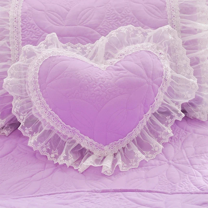 Quilted Cotton Thick Duvet Cover Lace Light Purple Blue Pink Princess Bedding Set