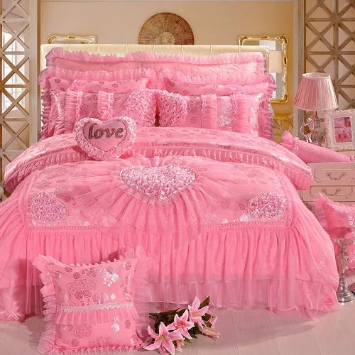 Red Pink Luxury Lace Wedding Bedding Set