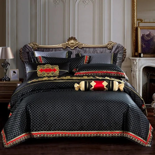 Blue Black Silk Satin Luxury Royal Bedding Set