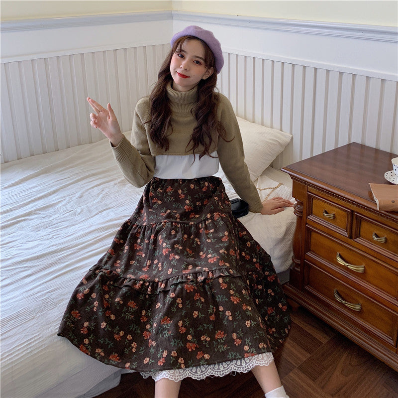 Floral Cottagecore Corduroy Skirt