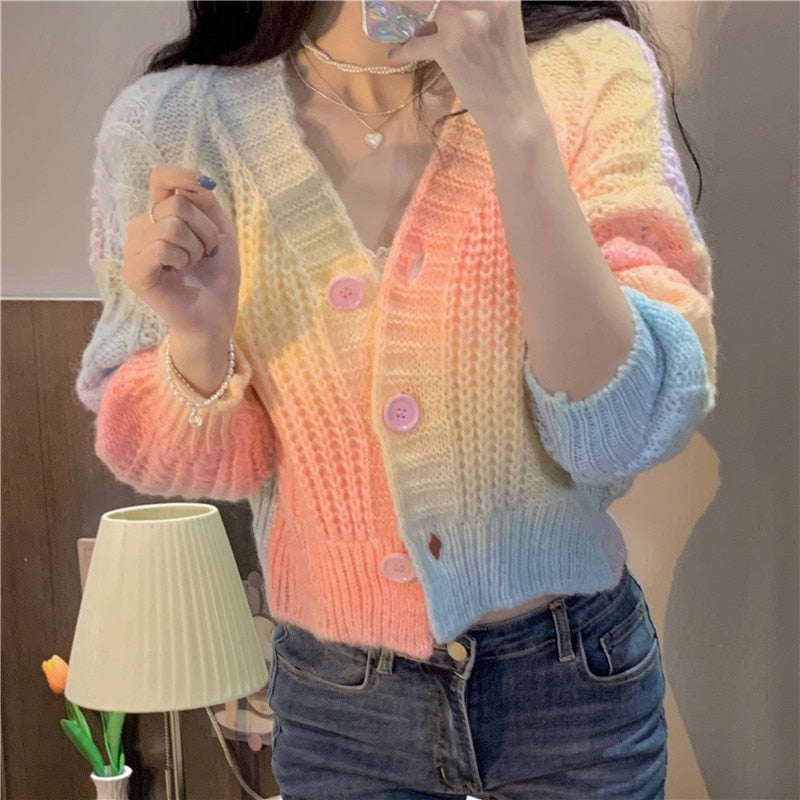 Pastel Rainbow Cropped Sweater Cardigan