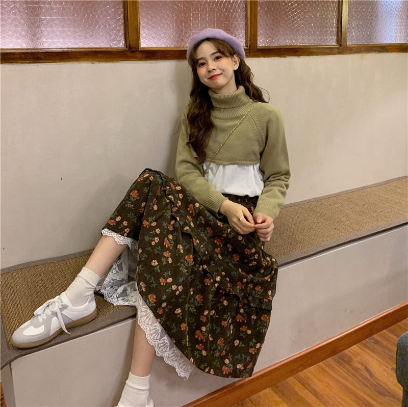 Floral Cottagecore Corduroy Skirt
