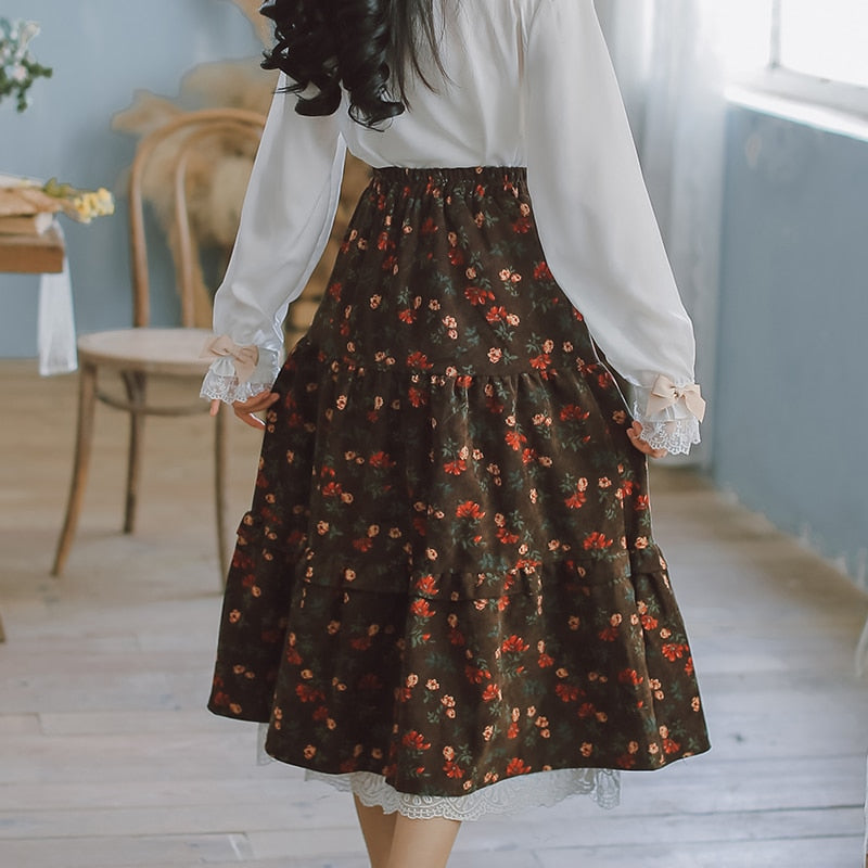 Floral Cottagecore Corduroy Skirt