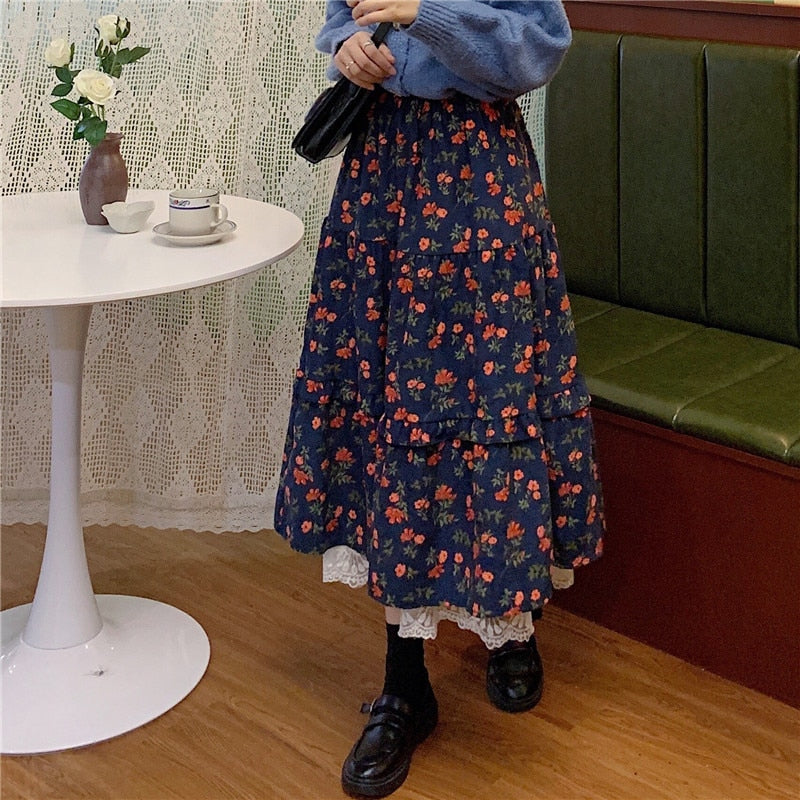 Floral Cottagecore Corduroy Skirt