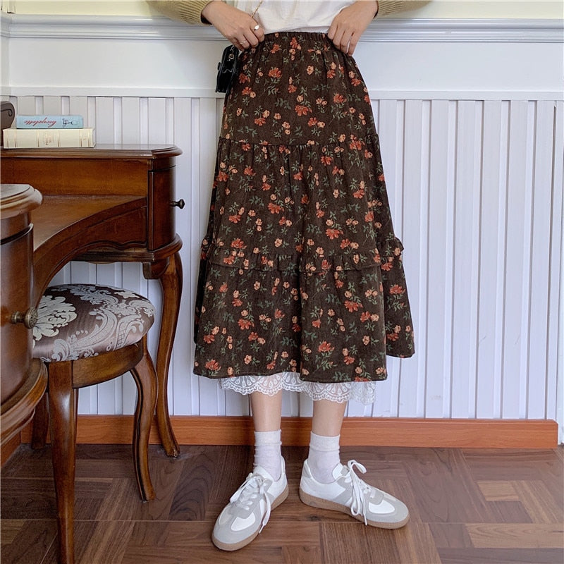 Floral Cottagecore Corduroy Skirt