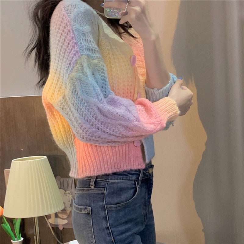 Pastel Rainbow Cropped Sweater Cardigan