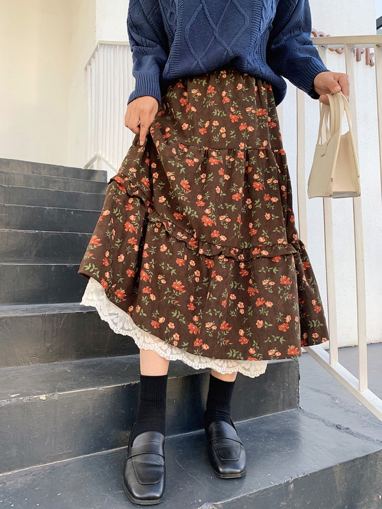 Floral Cottagecore Corduroy Skirt