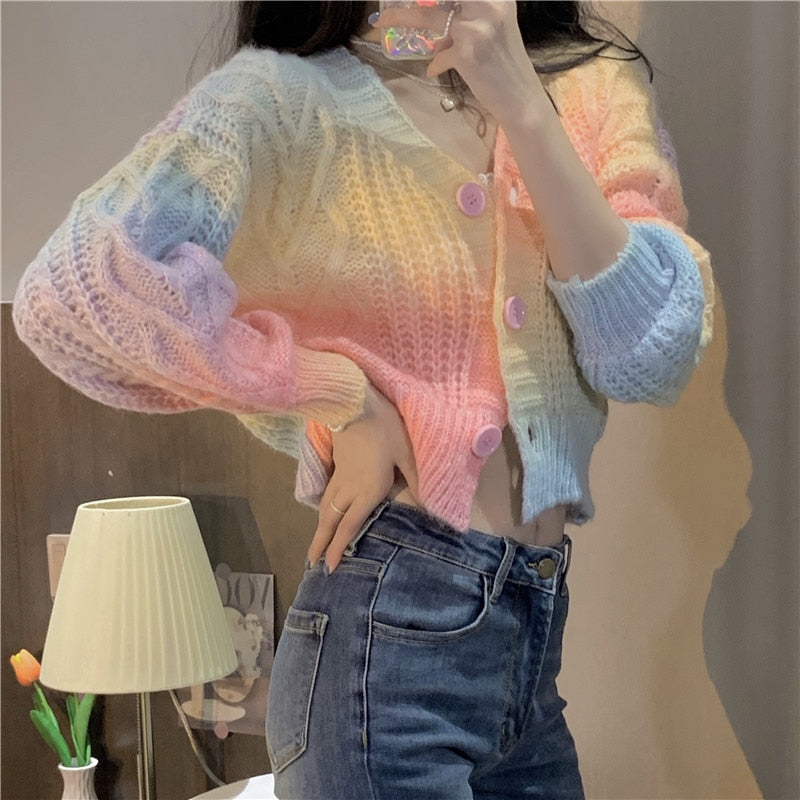 Pastel Rainbow Cropped Sweater Cardigan