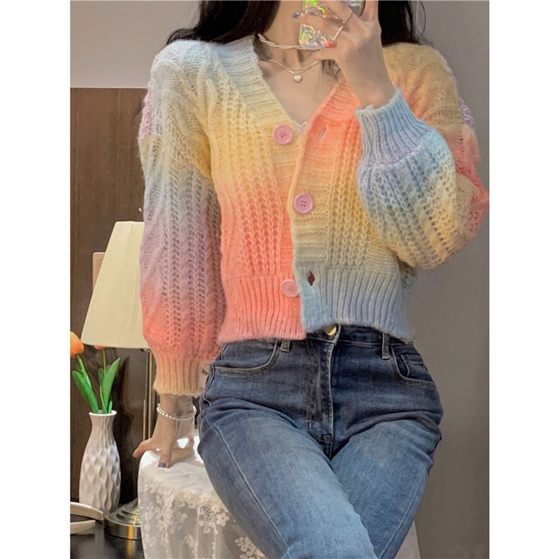 Pastel Rainbow Cropped Sweater Cardigan