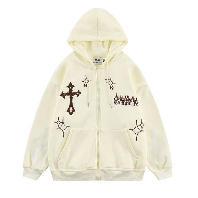 Holy Crosses Embroidery Aesthetic Grunge Hoodie Front Zipper