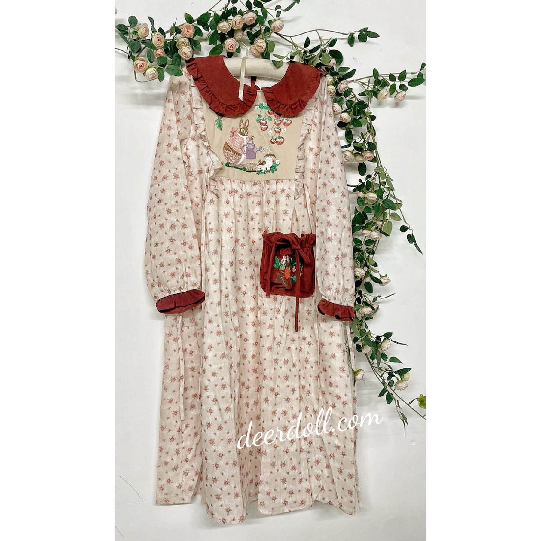 Rabbit's Strawberry Garden Cottagecore Goblincore Dress with Embroidery