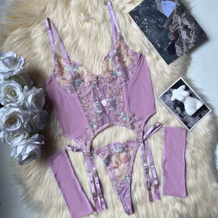 Sexy Embroidered Mesh Corset Lingerie Set