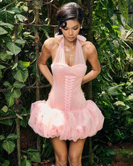 Pink Halter Neck Corset Puff Tulle Mini Dress