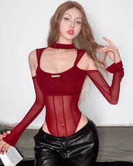 Sheer Mesh Corset Long-Sleeve Top