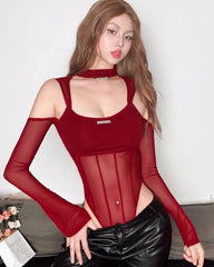 Sheer Mesh Corset Long-Sleeve Top