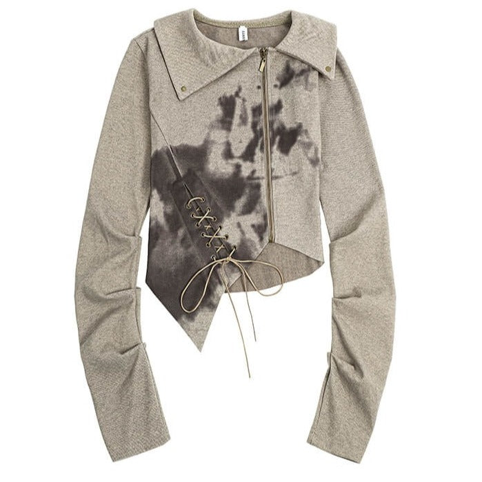 Ink Printed Front Zipper Collar Long Sleeve Top