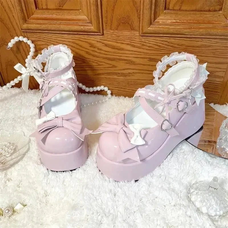 Kawaii Lace Bowknot White Lolita Shoes