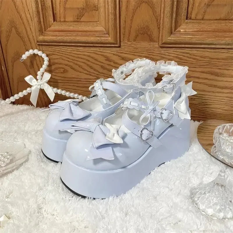 Kawaii Lace Bowknot White Lolita Shoes
