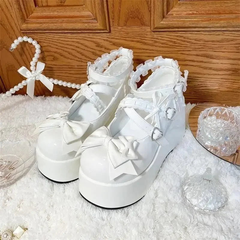 Kawaii Lace Bowknot White Lolita Shoes