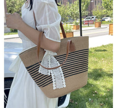 Striped Straw Tote Bag + Lace Strap