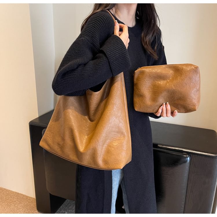 Faux Leather Hobo Bag + Pouch