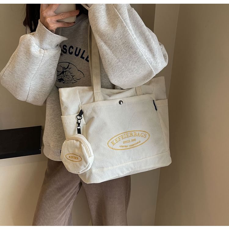 Lettering Corduroy Tote Bag + Coin Purse