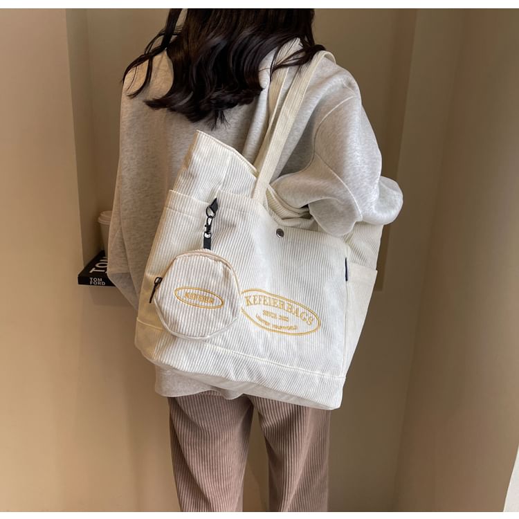 Lettering Corduroy Tote Bag + Coin Purse