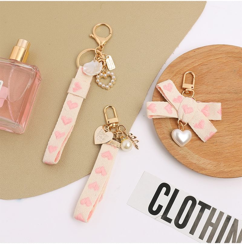 Heart Strap Faux Pearl Bag Charm Keyring