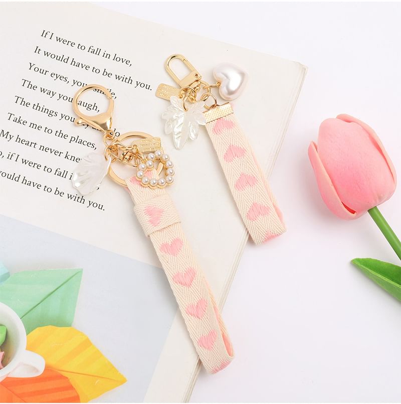 Heart Strap Faux Pearl Bag Charm Keyring
