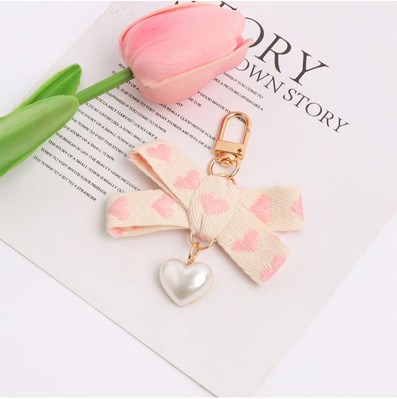 Heart Strap Faux Pearl Bag Charm Keyring