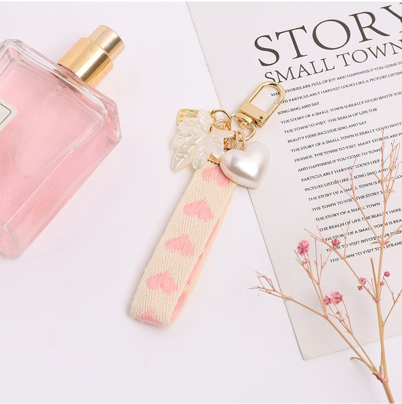 Heart Strap Faux Pearl Bag Charm Keyring