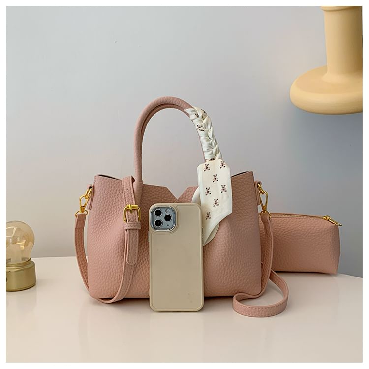 Top Handle Plain Faux Leather Crossbody Bag + Scarf