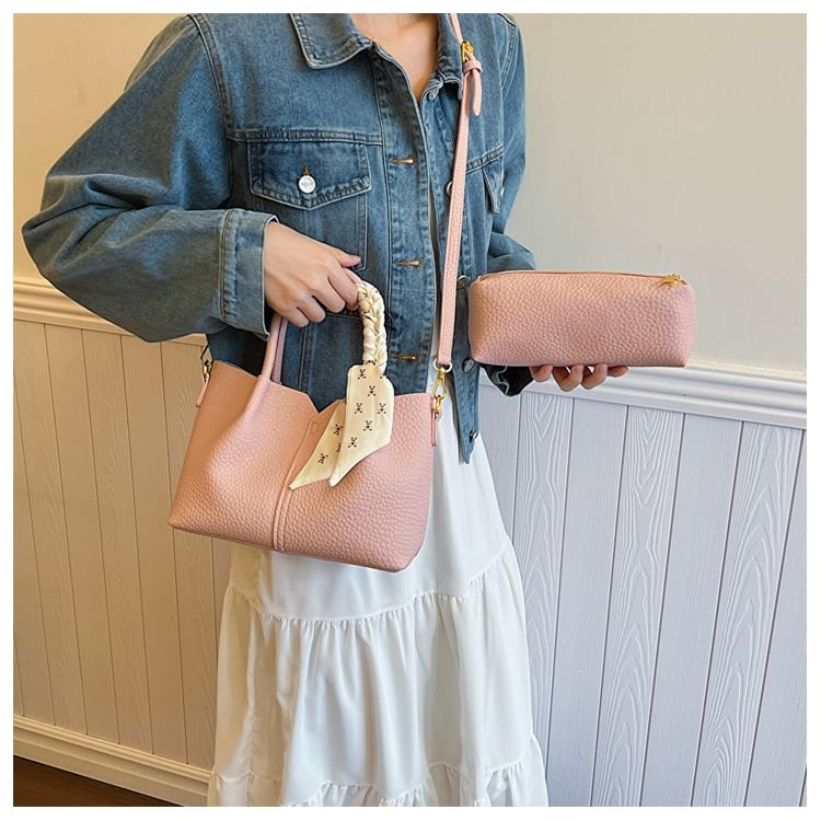 Top Handle Plain Faux Leather Crossbody Bag + Scarf