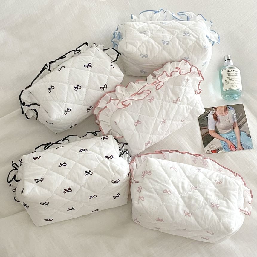 Ruffle Trim Fabric Makeup Bag / Pencil Case