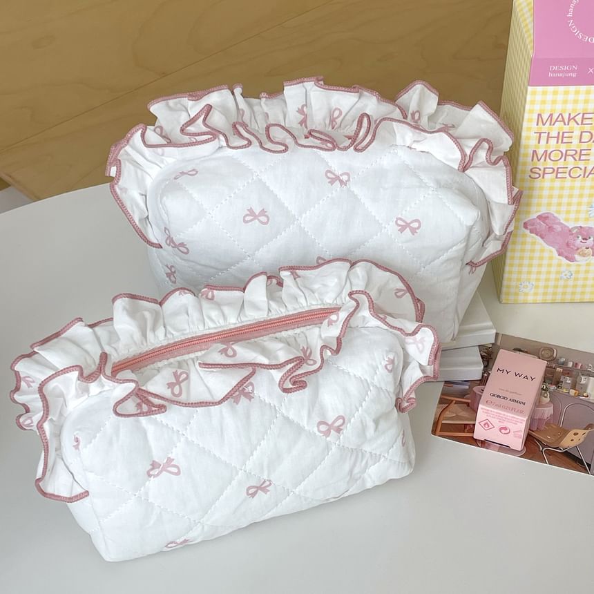 Ruffle Trim Fabric Makeup Bag / Pencil Case