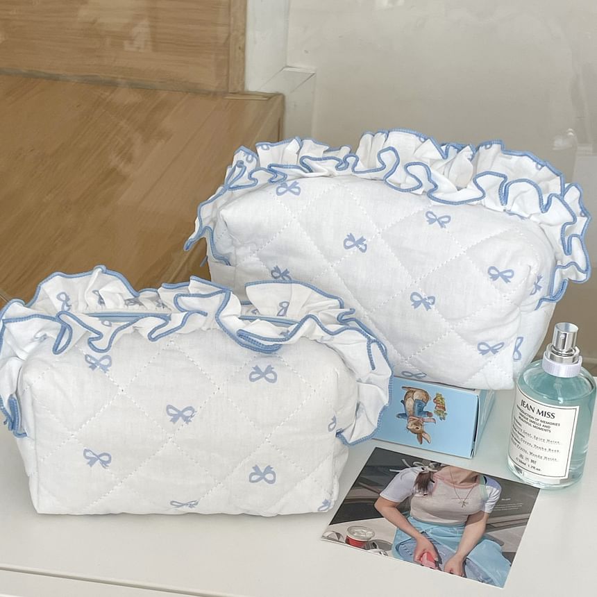 Ruffle Trim Fabric Makeup Bag / Pencil Case