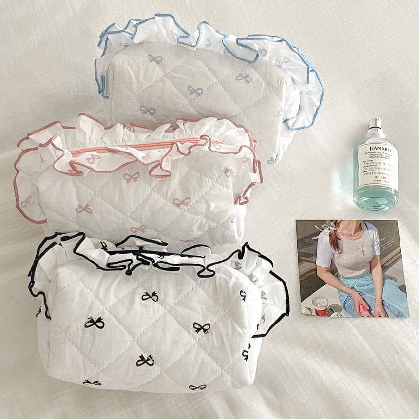 Ruffle Trim Fabric Makeup Bag / Pencil Case