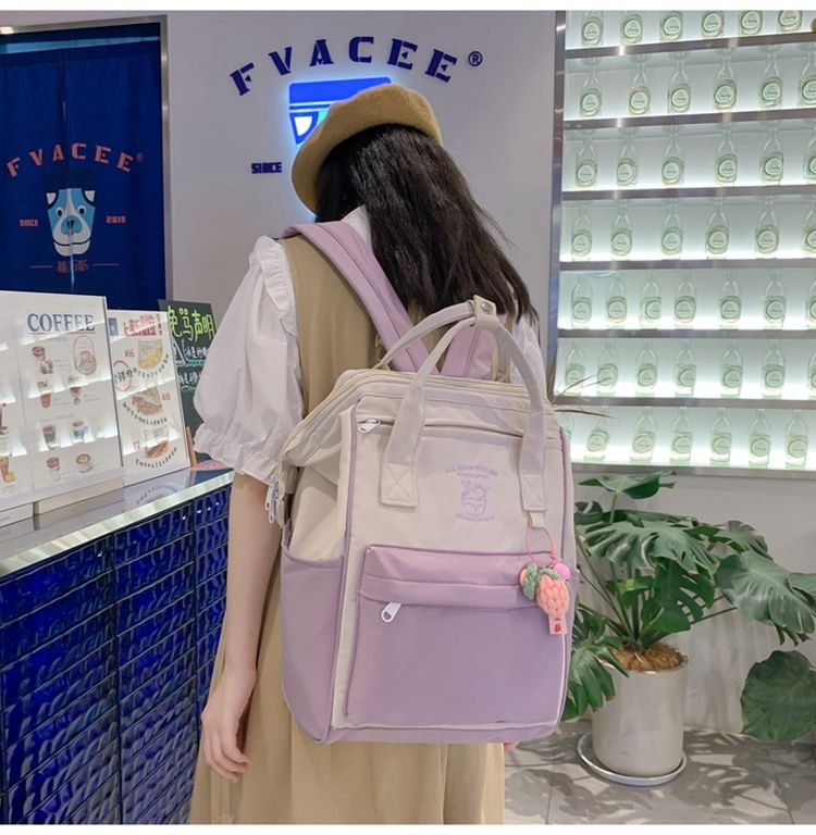 Set Nylon Charm Backpack Embroidered Bag Tone / Two