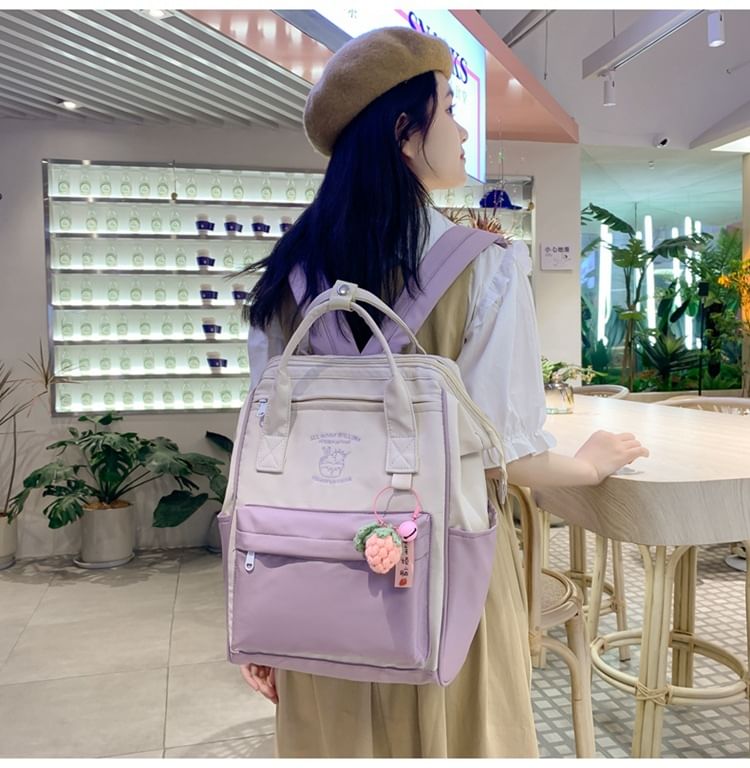 Set Nylon Charm Backpack Embroidered Bag Tone / Two